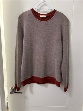 Oliver Spencer Two-Tone Crewneck Sweater in Taupe with Rust Trim